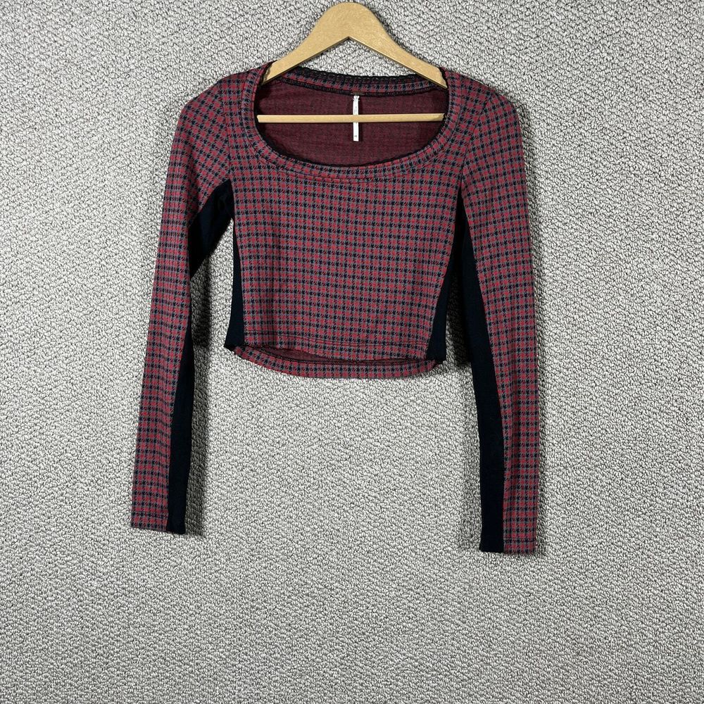 Free People Boston Tee Shirt Womens Size XS Red Black Houndstooth‎ Cropped Boho